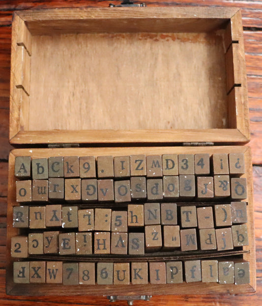 Vintage Alphabet, Number & Symbol Rubber Stamp Set – 70pcs in Wooden Box
