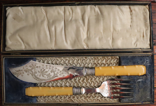 Antique Boxed Carving Set – Ornate Fish Knife & Fork with Bakelite Handles